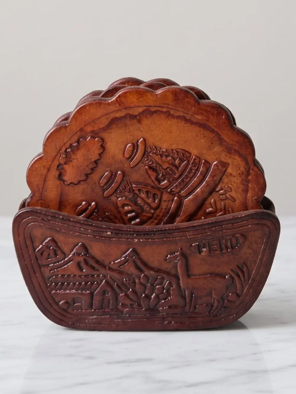Vintage Peruvian Tooled Leather Coaster Set w/ Holder – Set of 6 Brown Stamped